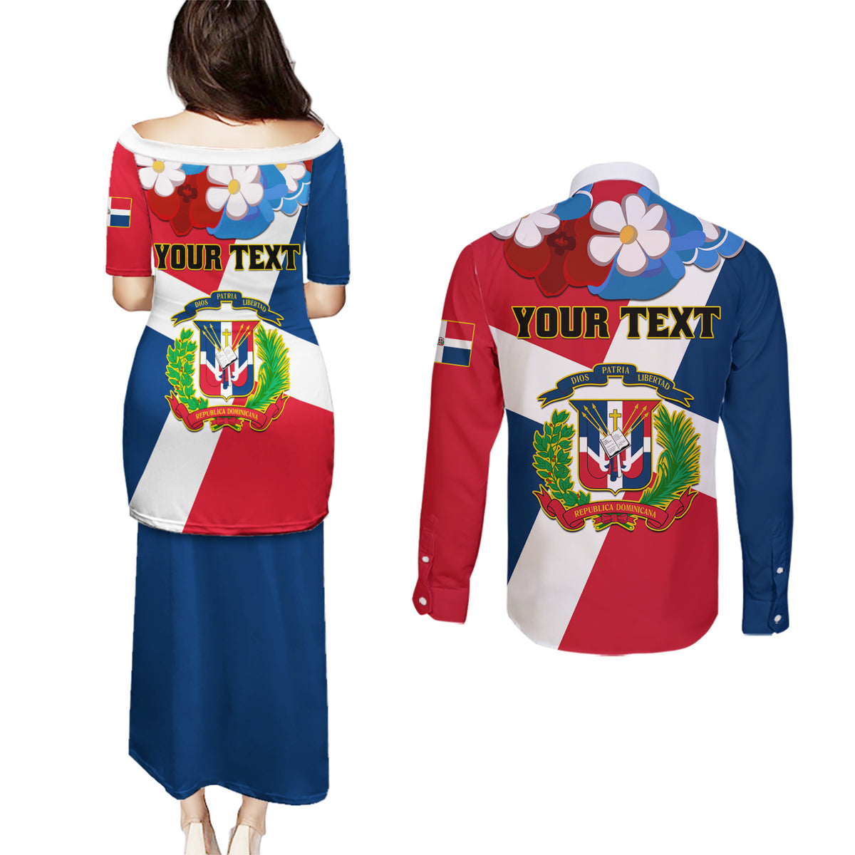 Dominican Republic Independence Day Couples Matching Puletasi and Long Sleeve Button Shirt Coat Of Arms Flag Style - Wonder Print Shop