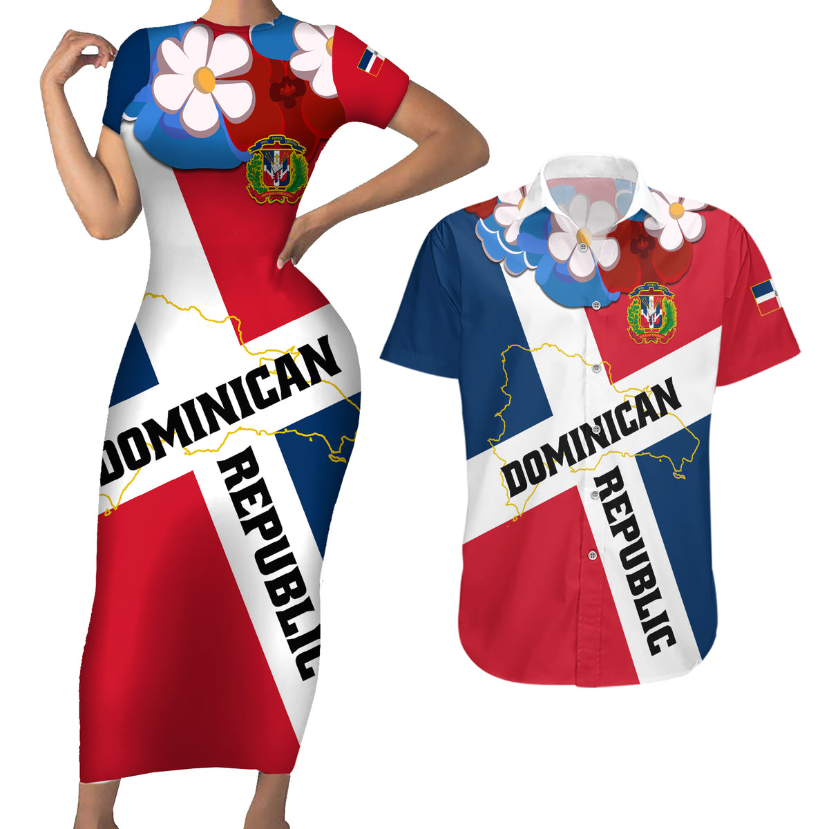 Dominican Republic Independence Day Couples Matching Short Sleeve Bodycon Dress and Hawaiian Shirt Coat Of Arms Flag Style - Wonder Print Shop