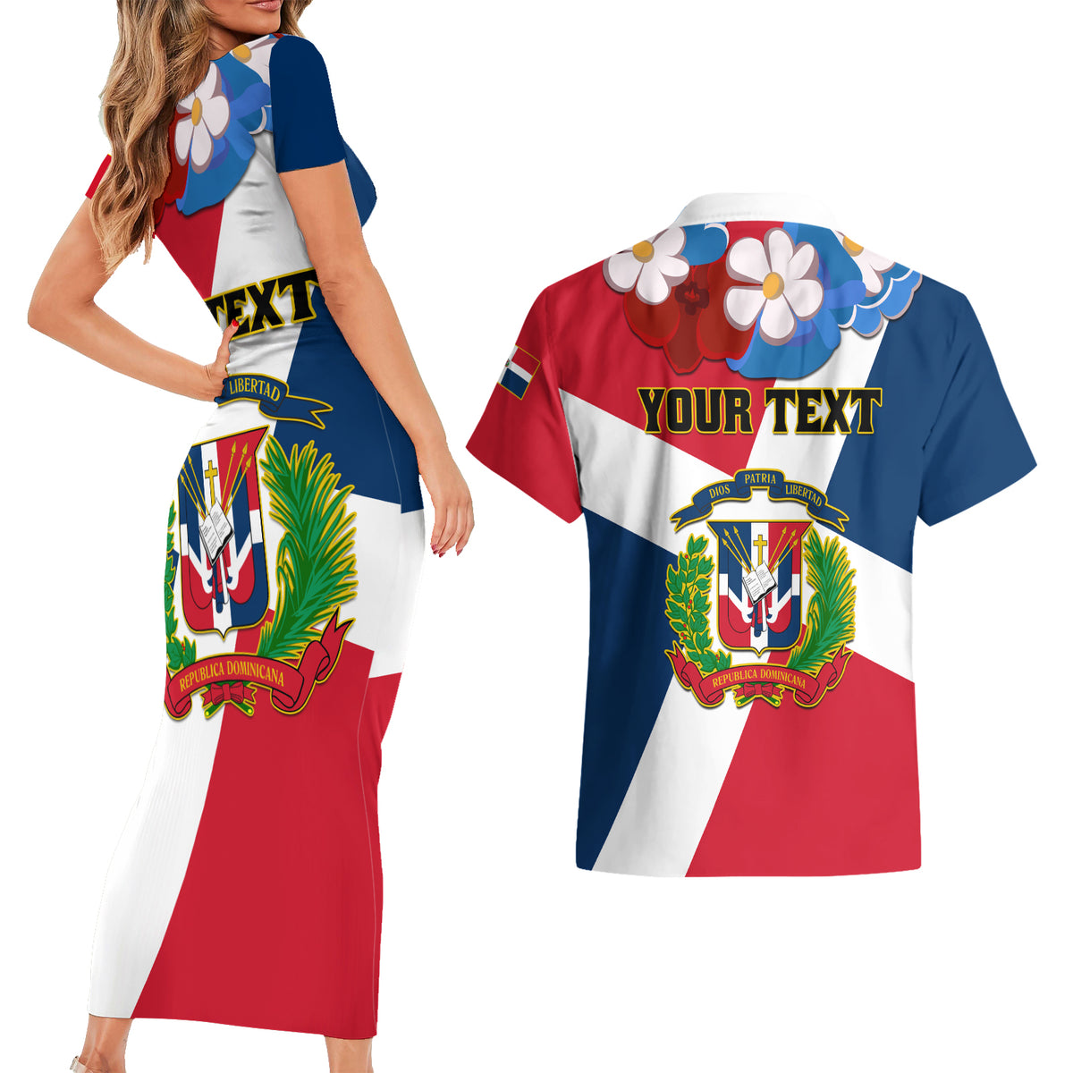 Dominican Republic Independence Day Couples Matching Short Sleeve Bodycon Dress and Hawaiian Shirt Coat Of Arms Flag Style - Wonder Print Shop