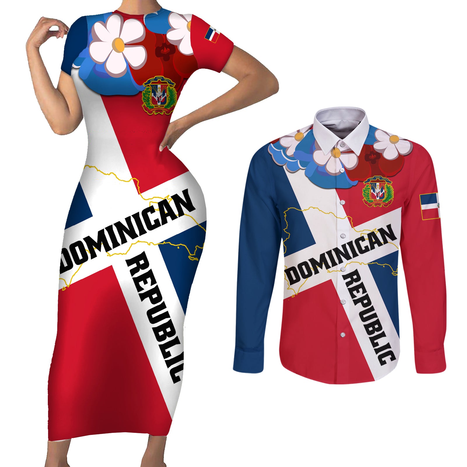 Dominican Republic Independence Day Couples Matching Short Sleeve Bodycon Dress and Long Sleeve Button Shirt Coat Of Arms Flag Style LT01