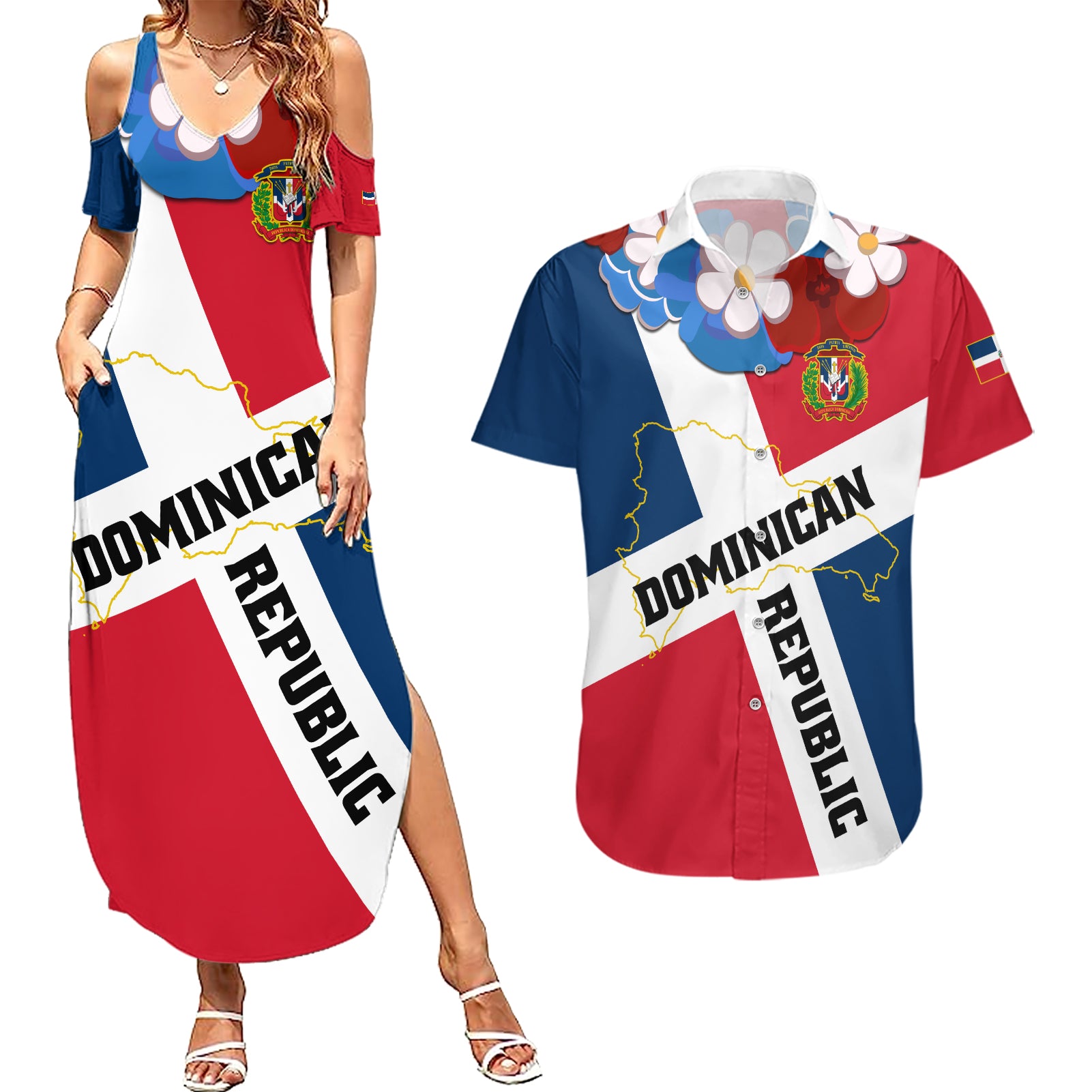 Dominican Republic Independence Day Couples Matching Summer Maxi Dress and Hawaiian Shirt Coat Of Arms Flag Style - Wonder Print Shop