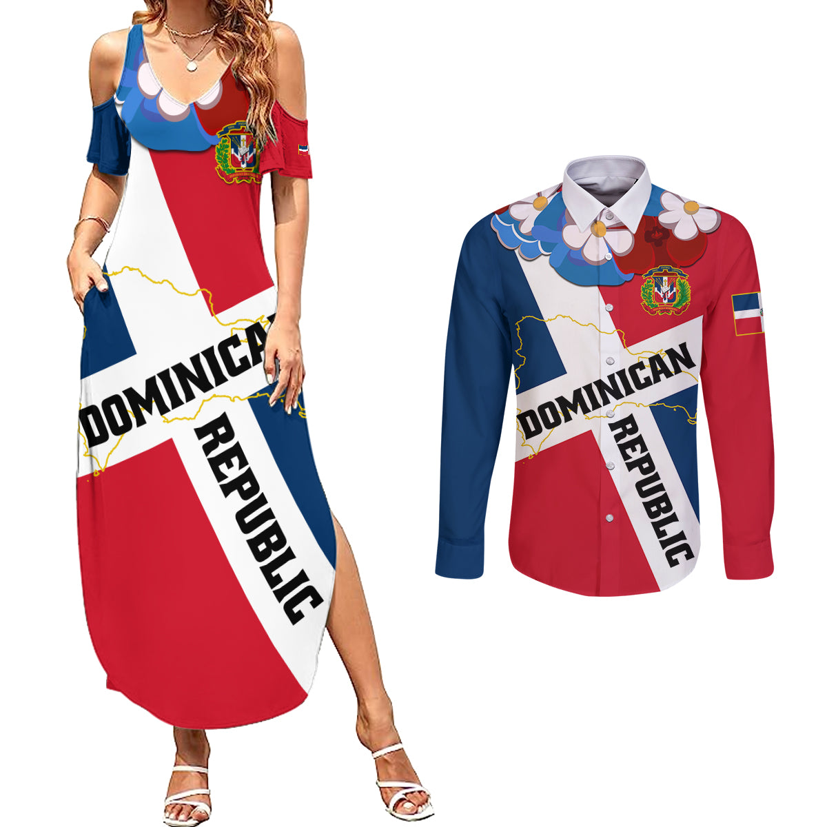 Dominican Republic Independence Day Couples Matching Summer Maxi Dress and Long Sleeve Button Shirt Coat Of Arms Flag Style LT01