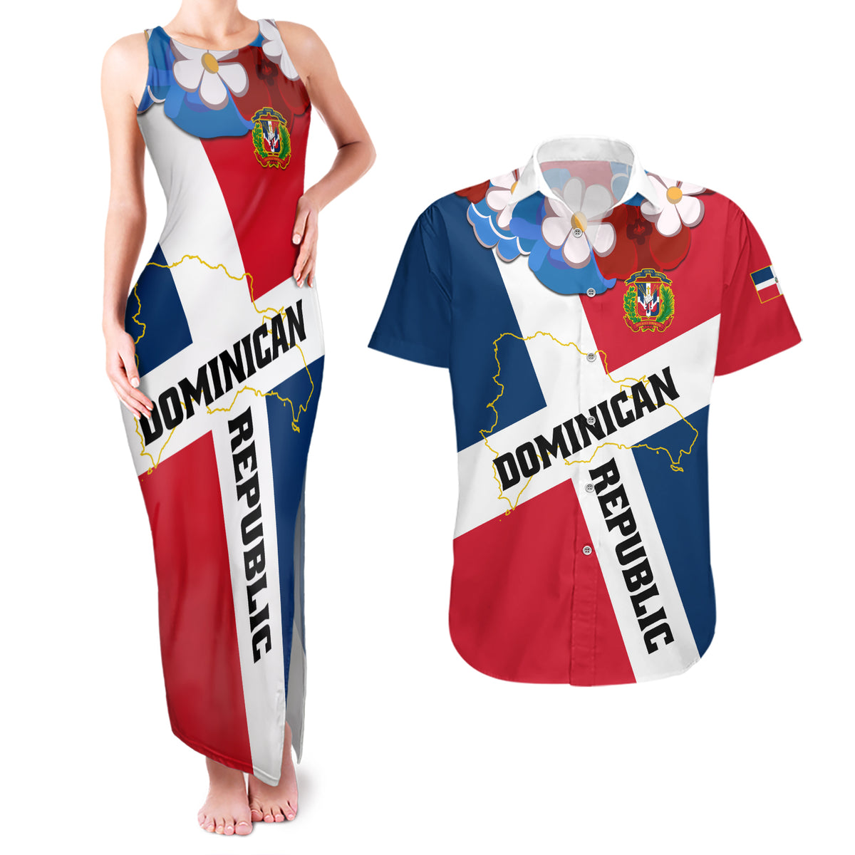Dominican Republic Independence Day Couples Matching Tank Maxi Dress and Hawaiian Shirt Coat Of Arms Flag Style - Wonder Print Shop