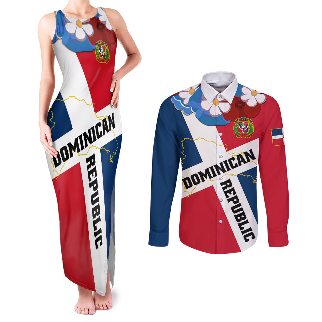 Dominican Republic Independence Day Couples Matching Tank Maxi Dress and Long Sleeve Button Shirt Coat Of Arms Flag Style - Wonder Print Shop