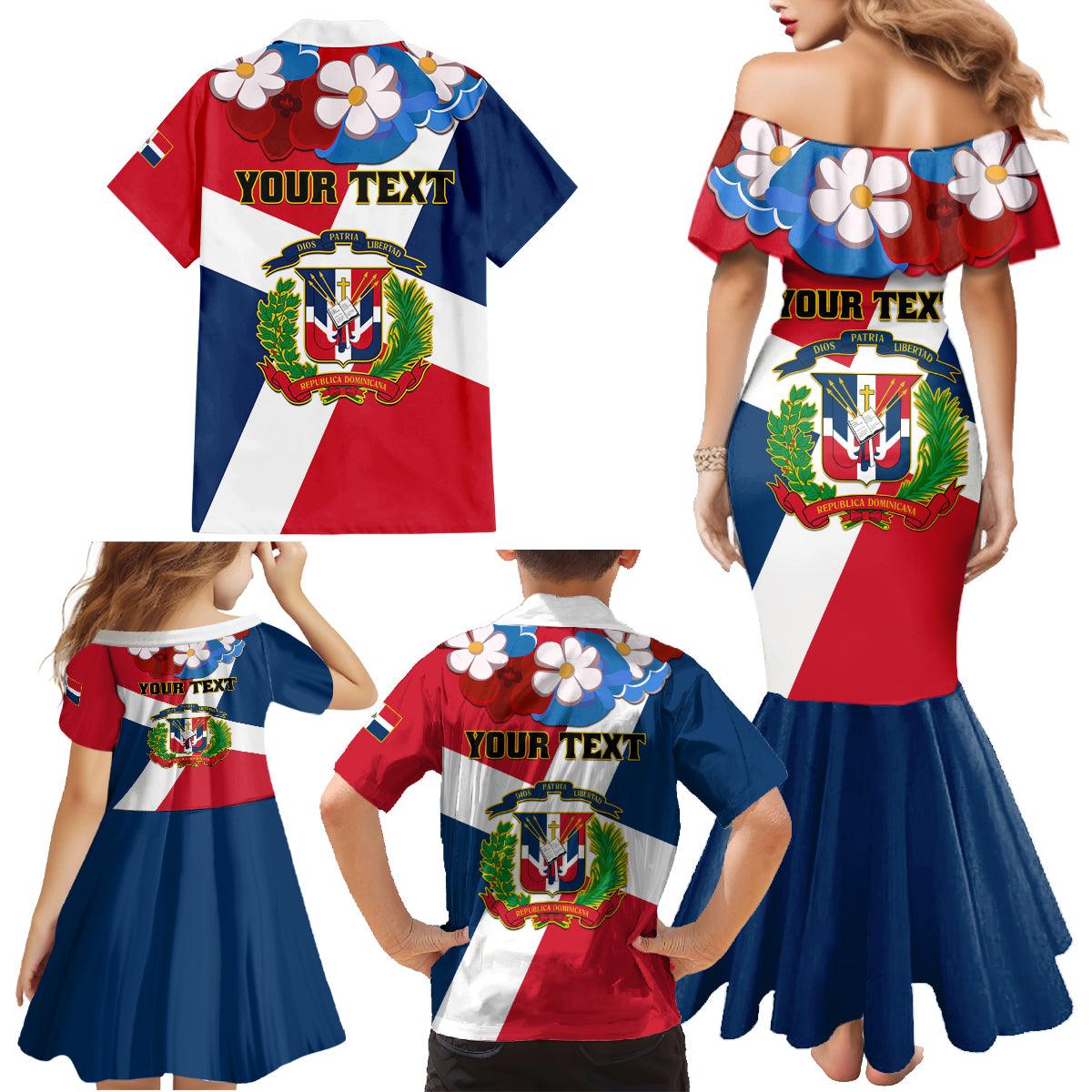 Dominican Republic Independence Day Family Matching Mermaid Dress and Hawaiian Shirt Coat Of Arms Flag Style - Wonder Print Shop