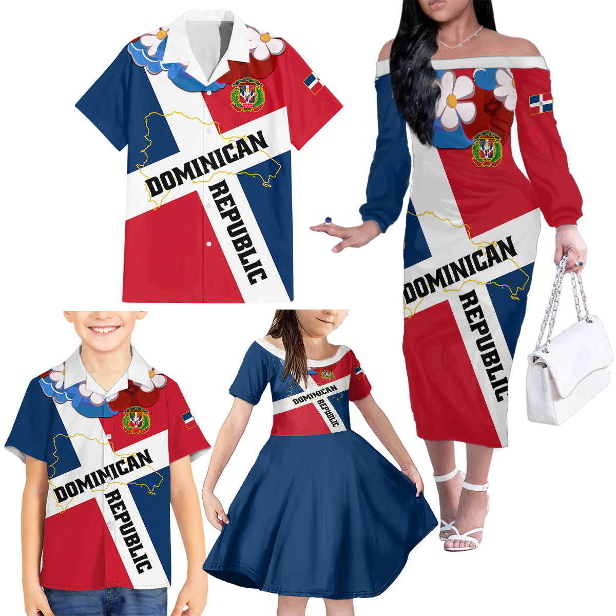 Dominican Republic Independence Day Family Matching Off Shoulder Long Sleeve Dress and Hawaiian Shirt Coat Of Arms Flag Style - Wonder Print Shop