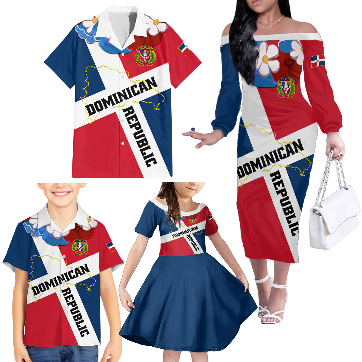 Dominican Republic Independence Day Family Matching Off Shoulder Long Sleeve Dress and Hawaiian Shirt Coat Of Arms Flag Style LT01