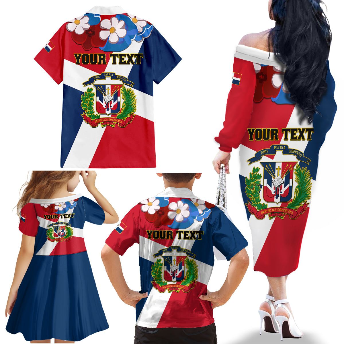 Dominican Republic Independence Day Family Matching Off Shoulder Long Sleeve Dress and Hawaiian Shirt Coat Of Arms Flag Style - Wonder Print Shop