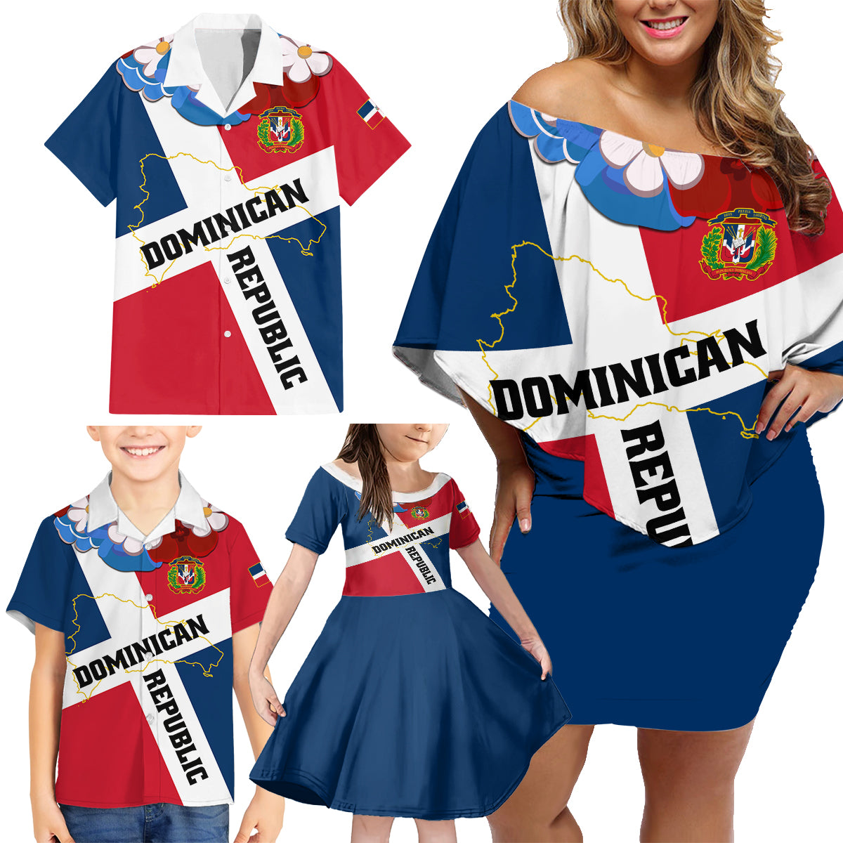 Dominican Republic Independence Day Family Matching Off Shoulder Short Dress and Hawaiian Shirt Coat Of Arms Flag Style LT01