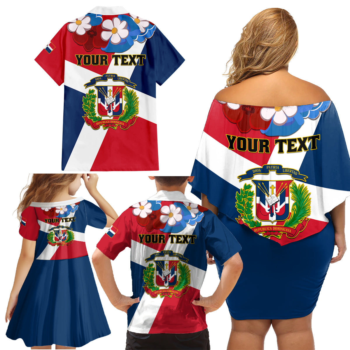 Dominican Republic Independence Day Family Matching Off Shoulder Short Dress and Hawaiian Shirt Coat Of Arms Flag Style - Wonder Print Shop