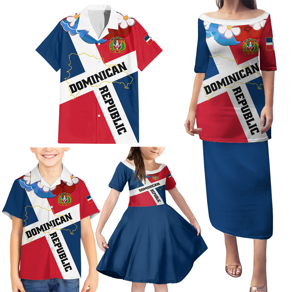 Dominican Republic Independence Day Family Matching Puletasi and Hawaiian Shirt Coat Of Arms Flag Style LT01