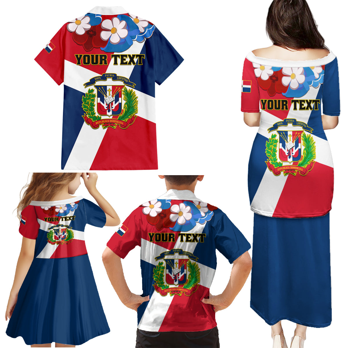 Dominican Republic Independence Day Family Matching Puletasi and Hawaiian Shirt Coat Of Arms Flag Style - Wonder Print Shop