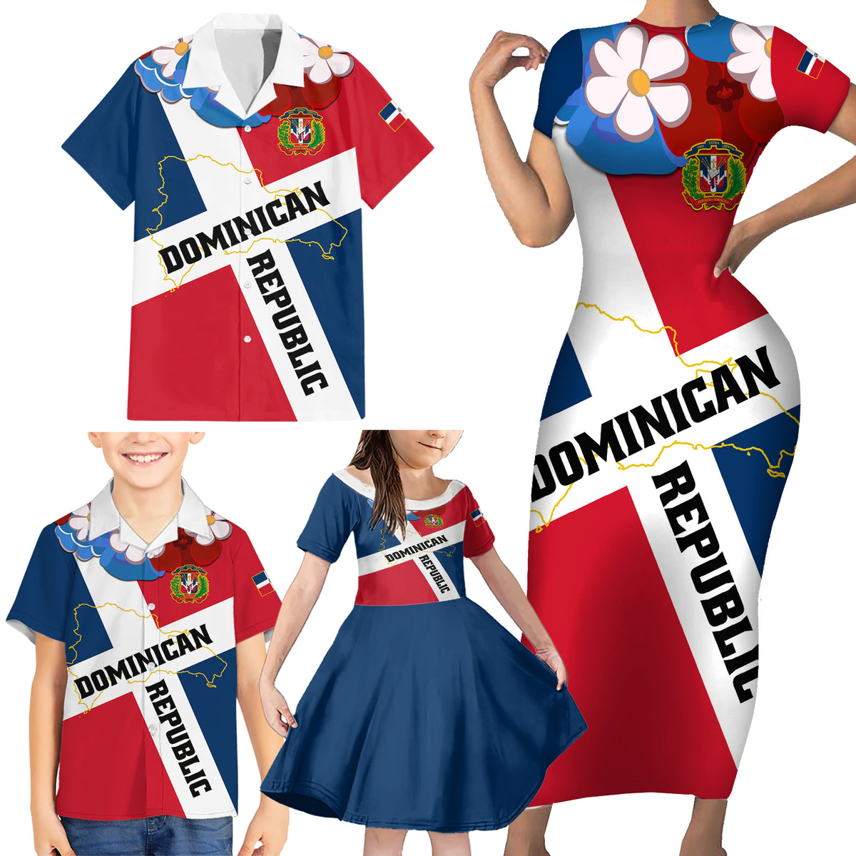 Dominican Republic Independence Day Family Matching Short Sleeve Bodycon Dress and Hawaiian Shirt Coat Of Arms Flag Style - Wonder Print Shop