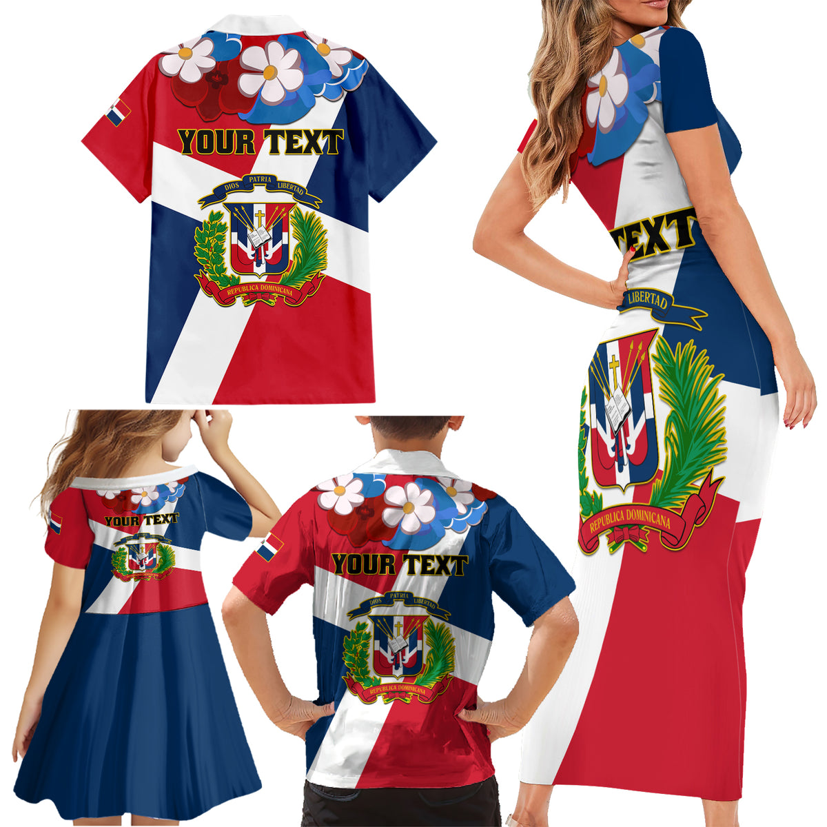 Dominican Republic Independence Day Family Matching Short Sleeve Bodycon Dress and Hawaiian Shirt Coat Of Arms Flag Style - Wonder Print Shop