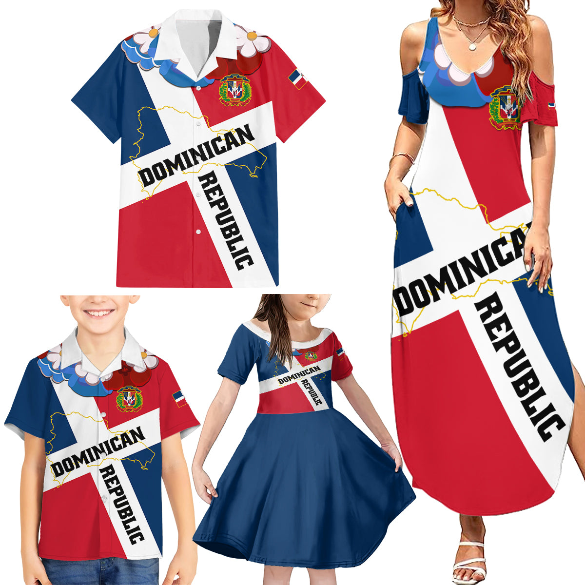 Dominican Republic Independence Day Family Matching Summer Maxi Dress and Hawaiian Shirt Coat Of Arms Flag Style - Wonder Print Shop