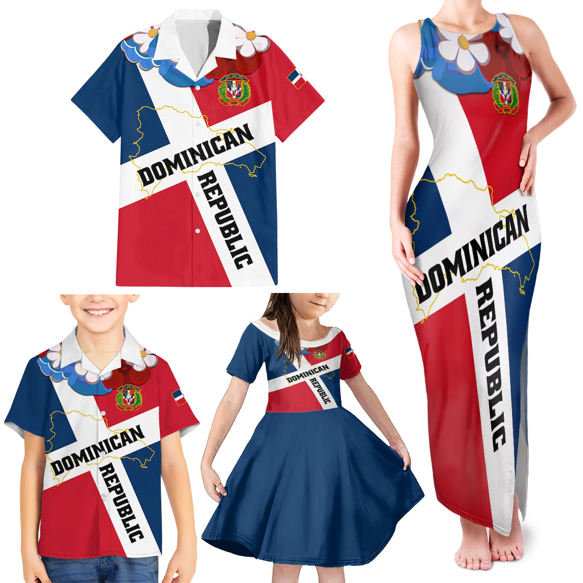Dominican Republic Independence Day Family Matching Tank Maxi Dress and Hawaiian Shirt Coat Of Arms Flag Style LT01