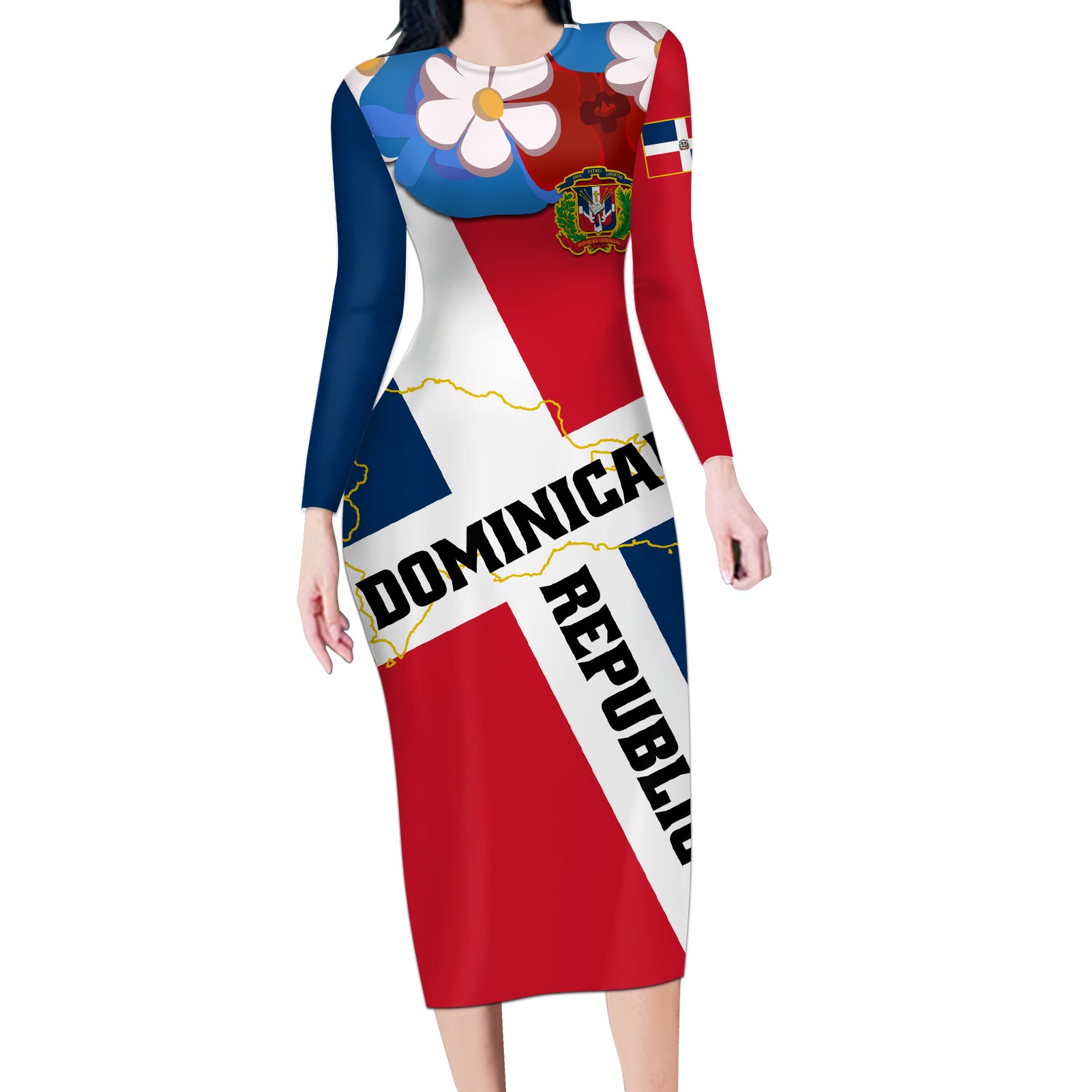 Dominican Republic Independence Day Long Sleeve Bodycon Dress Coat Of Arms Flag Style LT01