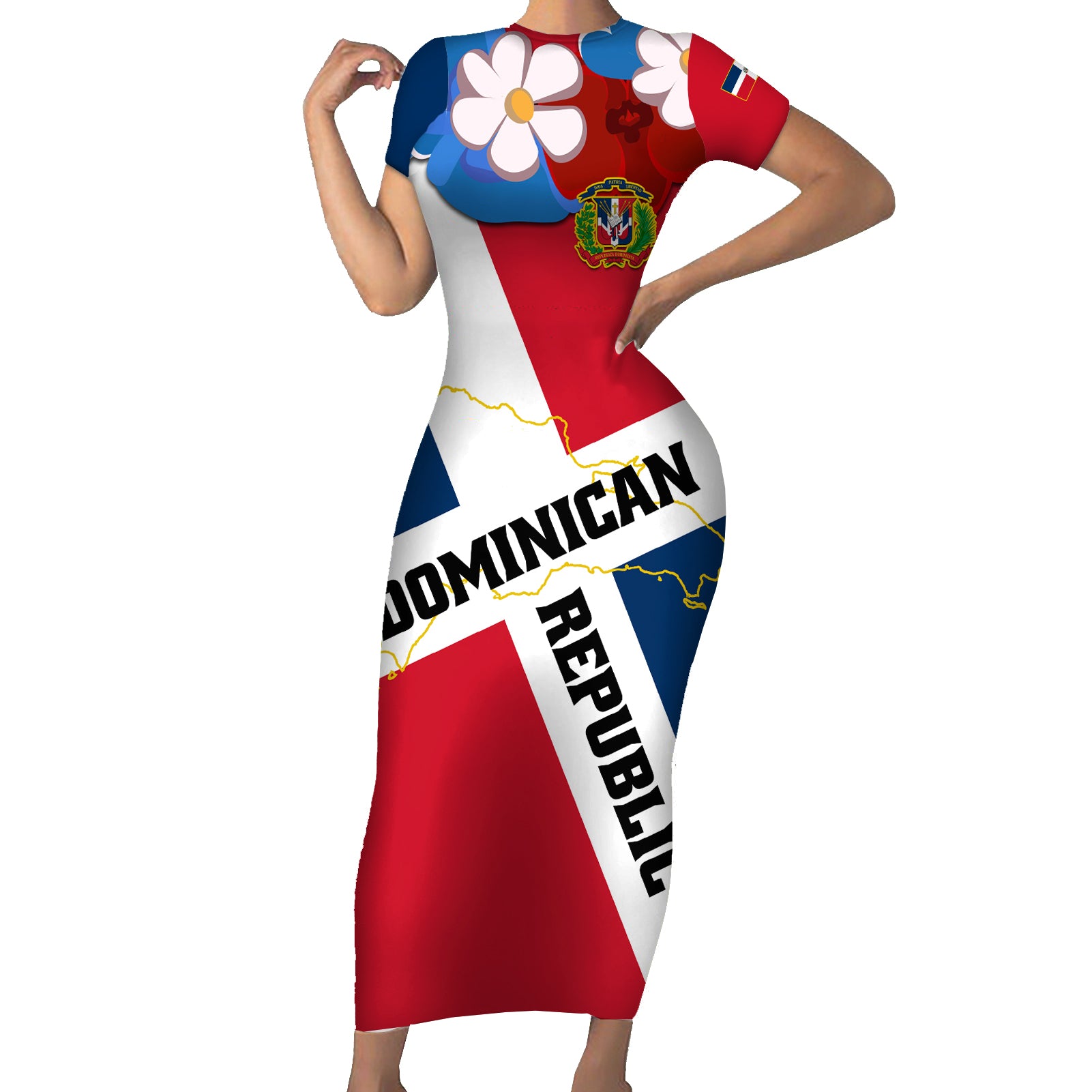 Dominican Republic Independence Day Short Sleeve Bodycon Dress Coat Of Arms Flag Style LT01