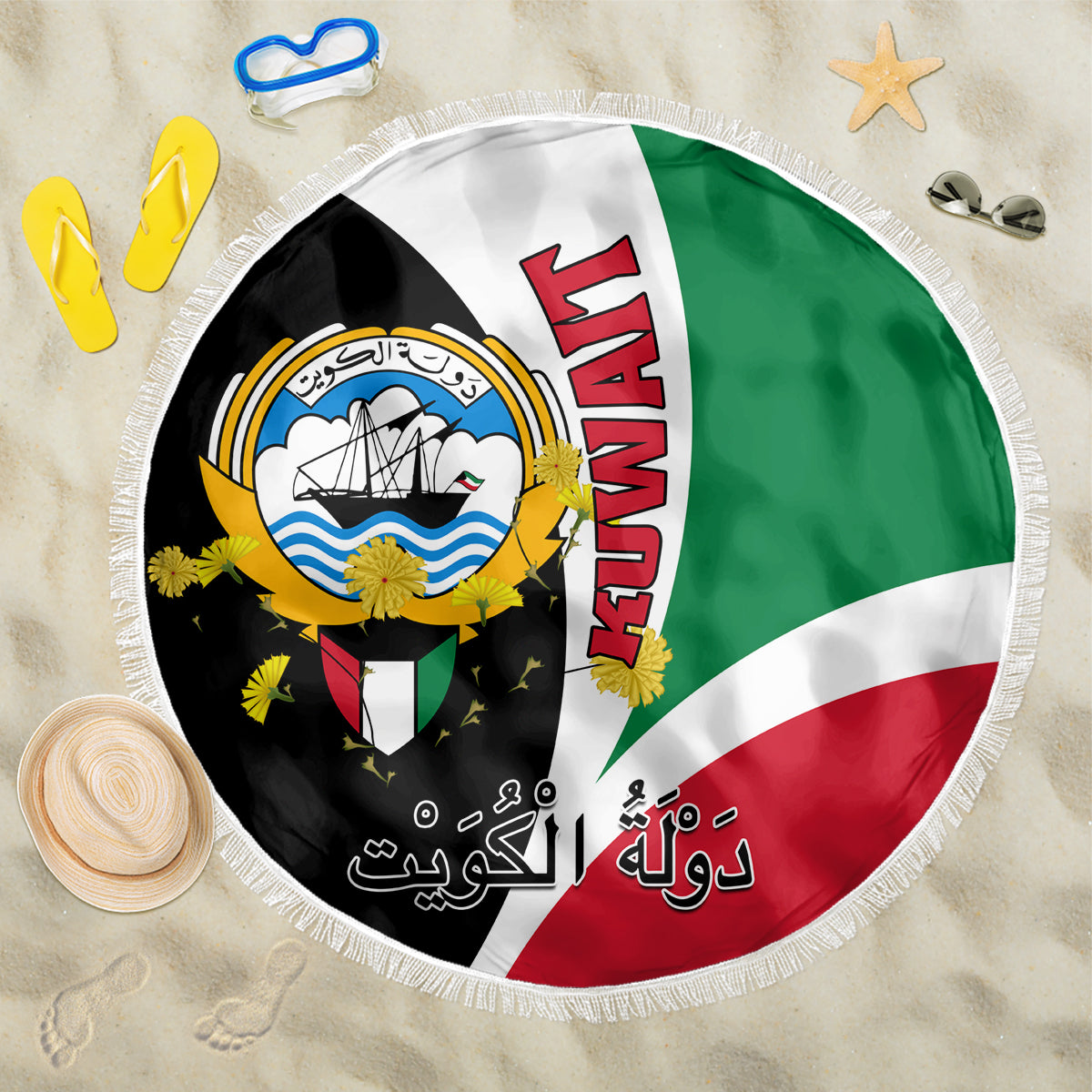 Kuwait National Day Beach Blanket Kuwayt Coat Of Arms Arfaj Flower - Wonder Print Shop