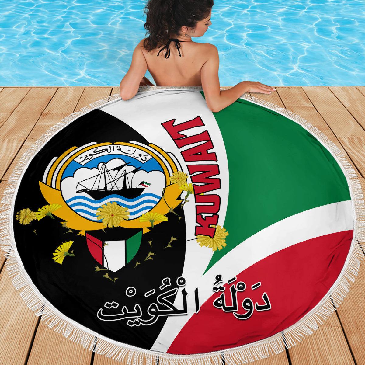 Kuwait National Day Beach Blanket Kuwayt Coat Of Arms Arfaj Flower - Wonder Print Shop
