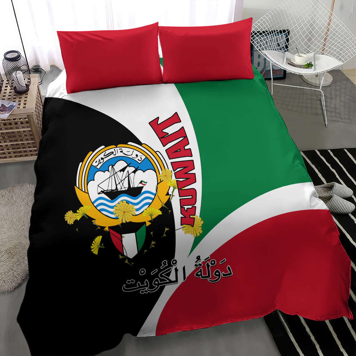 Kuwait National Day Bedding Set Kuwayt Coat Of Arms Arfaj Flower - Wonder Print Shop