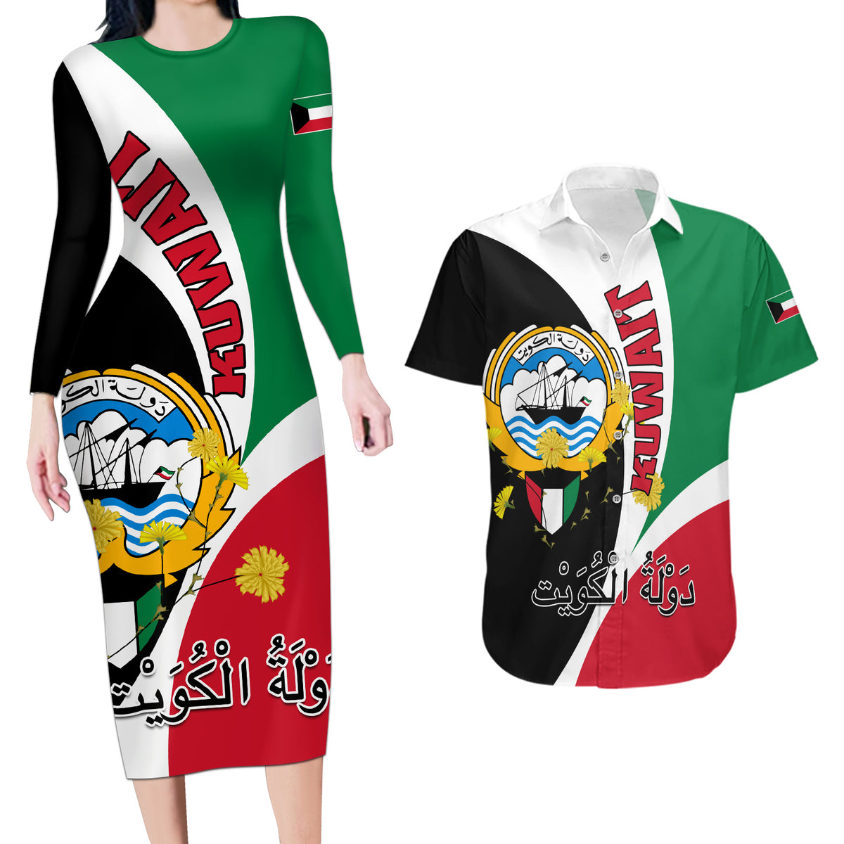 Kuwait National Day Couples Matching Long Sleeve Bodycon Dress and Hawaiian Shirt Kuwayt Coat Of Arms Arfaj Flower - Wonder Print Shop