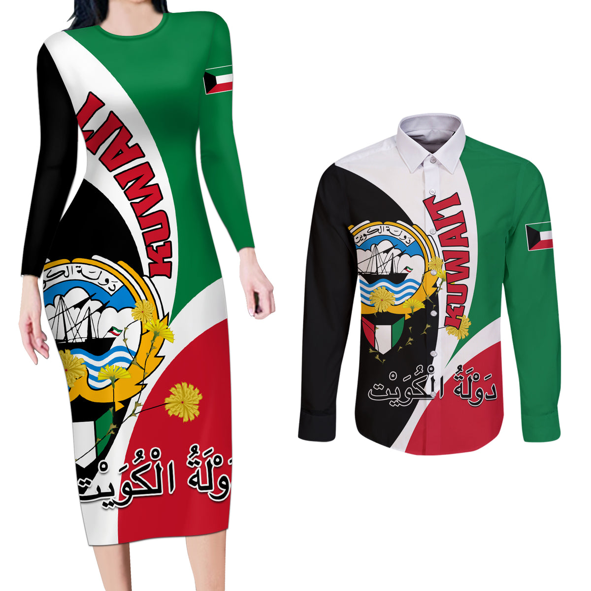 Kuwait National Day Couples Matching Long Sleeve Bodycon Dress and Long Sleeve Button Shirt Kuwayt Coat Of Arms Arfaj Flower - Wonder Print Shop