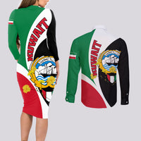 Kuwait National Day Couples Matching Long Sleeve Bodycon Dress and Long Sleeve Button Shirt Kuwayt Coat Of Arms Arfaj Flower - Wonder Print Shop