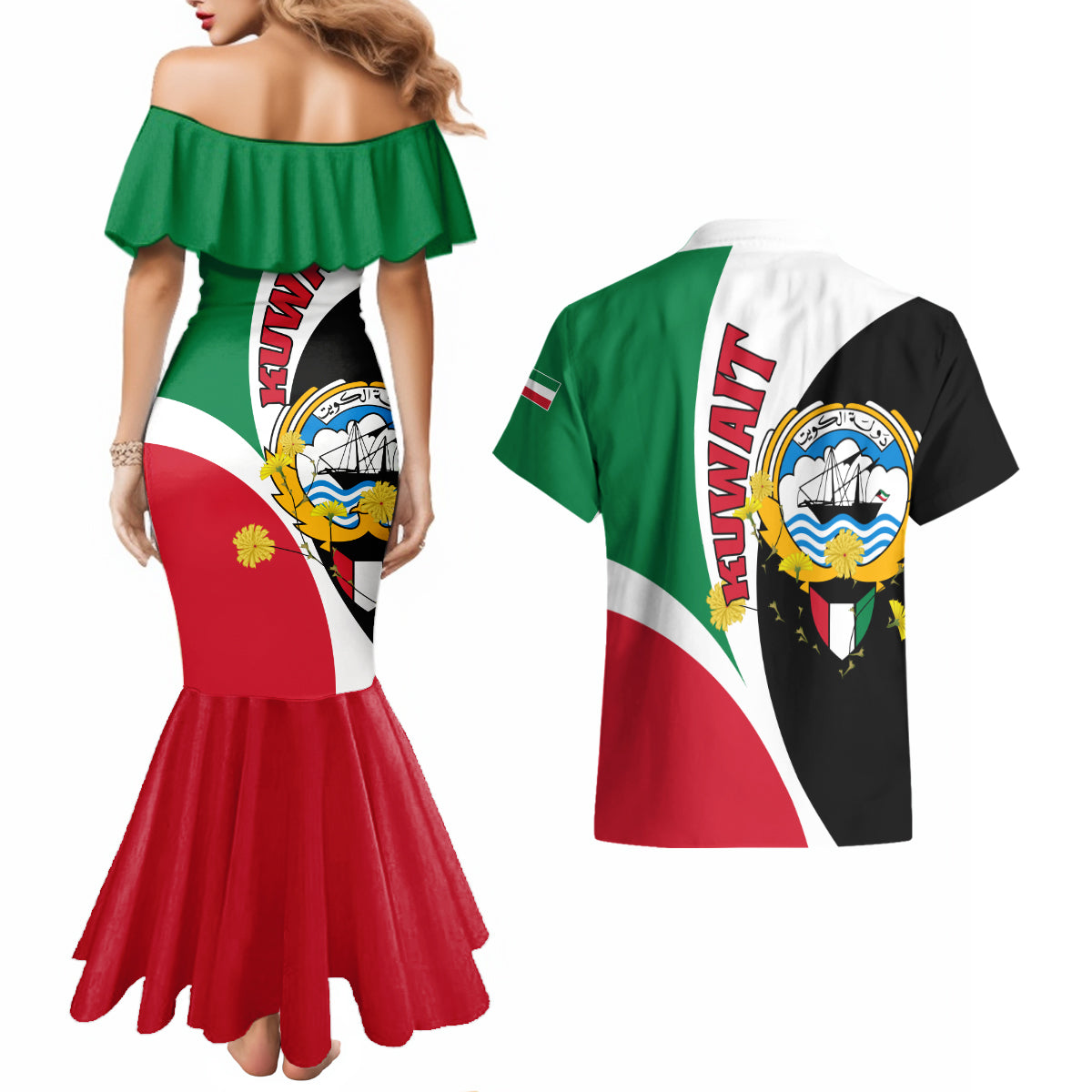 Kuwait National Day Couples Matching Mermaid Dress and Hawaiian Shirt Kuwayt Coat Of Arms Arfaj Flower - Wonder Print Shop
