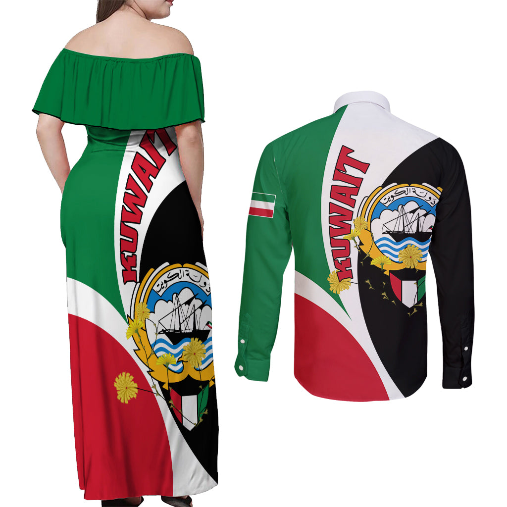 Kuwait National Day Couples Matching Off Shoulder Maxi Dress and Long Sleeve Button Shirt Kuwayt Coat Of Arms Arfaj Flower - Wonder Print Shop