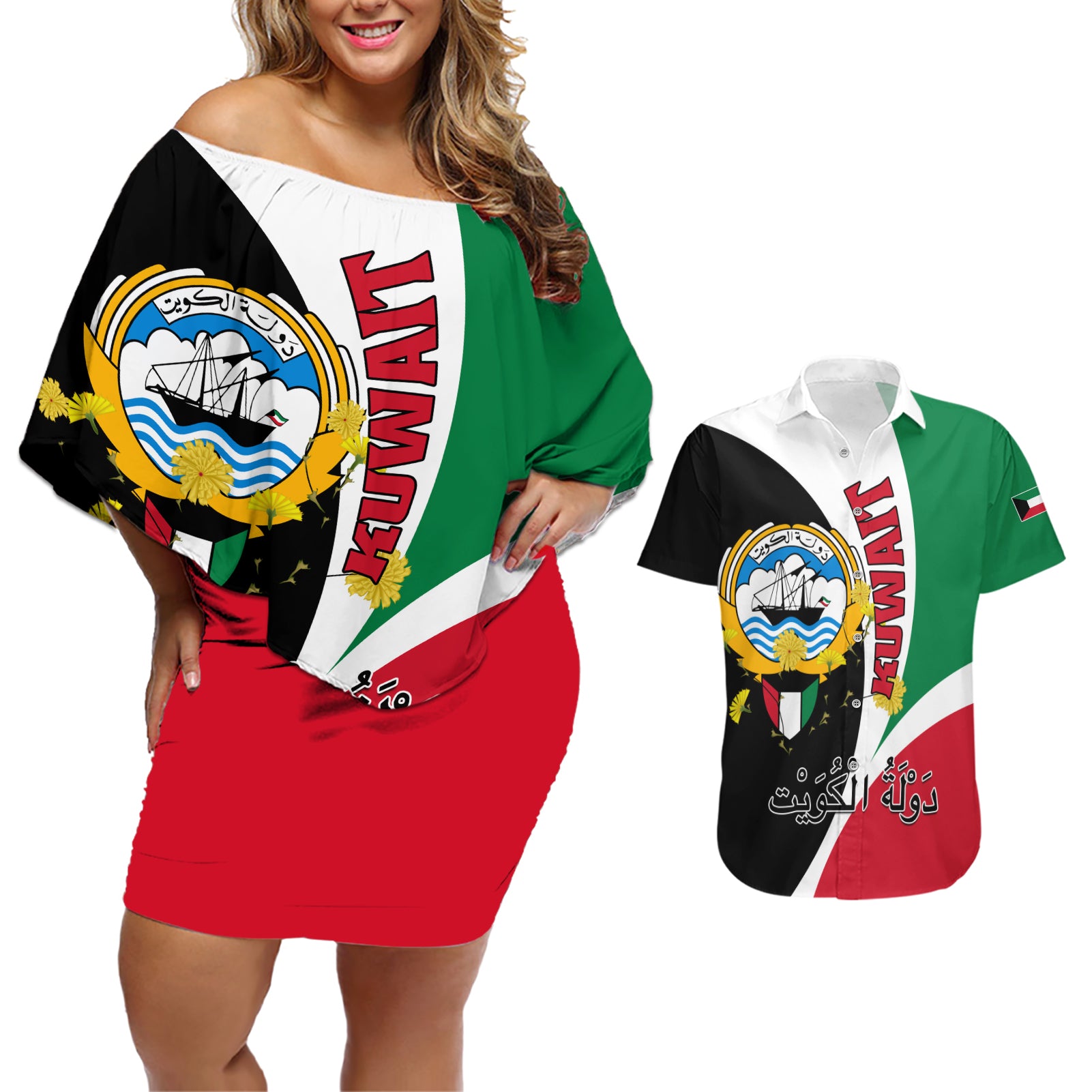 Kuwait National Day Couples Matching Off Shoulder Short Dress and Hawaiian Shirt Kuwayt Coat Of Arms Arfaj Flower - Wonder Print Shop