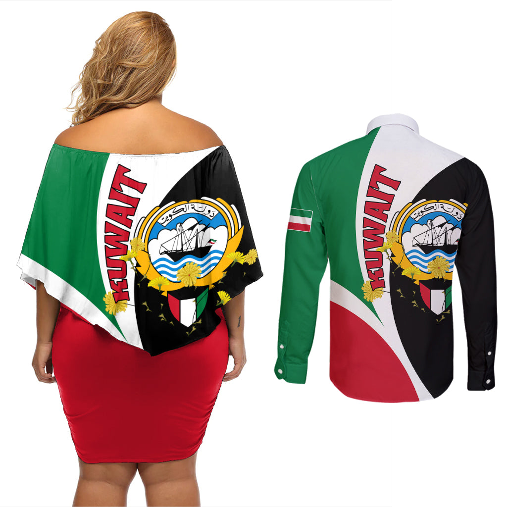 Kuwait National Day Couples Matching Off Shoulder Short Dress and Long Sleeve Button Shirt Kuwayt Coat Of Arms Arfaj Flower - Wonder Print Shop