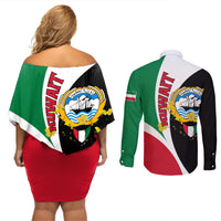Kuwait National Day Couples Matching Off Shoulder Short Dress and Long Sleeve Button Shirt Kuwayt Coat Of Arms Arfaj Flower - Wonder Print Shop