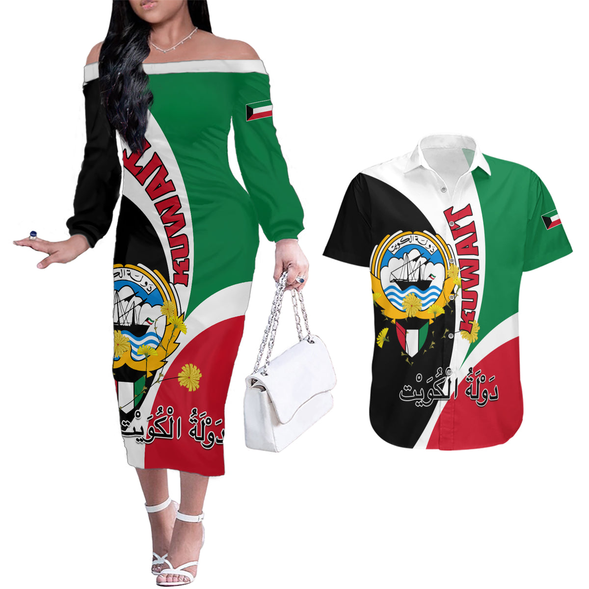 Kuwait National Day Couples Matching Off The Shoulder Long Sleeve Dress and Hawaiian Shirt Kuwayt Coat Of Arms Arfaj Flower - Wonder Print Shop