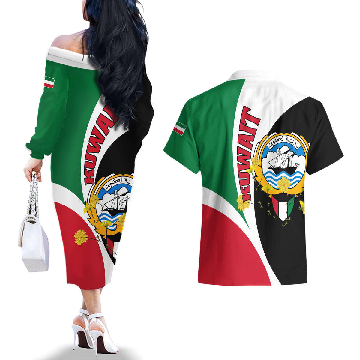 Kuwait National Day Couples Matching Off The Shoulder Long Sleeve Dress and Hawaiian Shirt Kuwayt Coat Of Arms Arfaj Flower - Wonder Print Shop