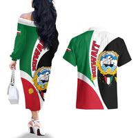 Kuwait National Day Couples Matching Off The Shoulder Long Sleeve Dress and Hawaiian Shirt Kuwayt Coat Of Arms Arfaj Flower - Wonder Print Shop
