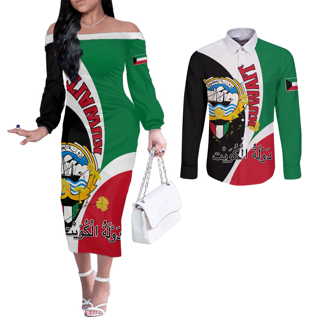 kuwait-national-day-couples-matching-off-the-shoulder-long-sleeve-dress-and-long-sleeve-button-shirt-kuwayt-coat-of-arms-arfaj-flower