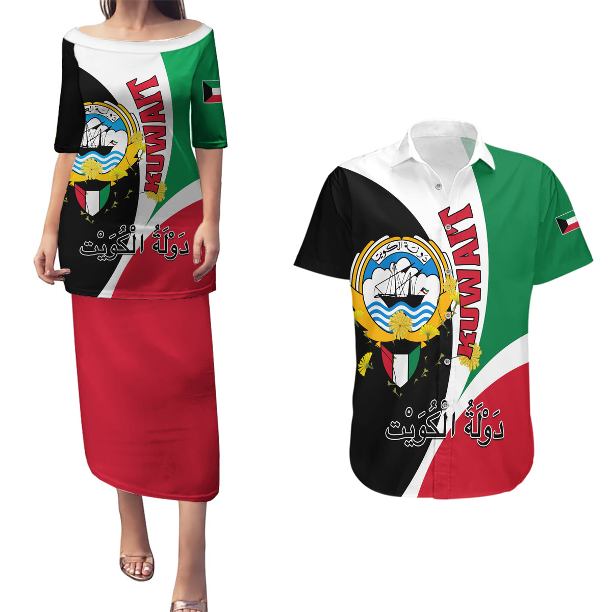Kuwait National Day Couples Matching Puletasi and Hawaiian Shirt Kuwayt Coat Of Arms Arfaj Flower - Wonder Print Shop