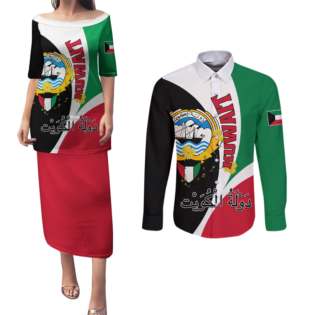 Kuwait National Day Couples Matching Puletasi and Long Sleeve Button Shirt Kuwayt Coat Of Arms Arfaj Flower - Wonder Print Shop