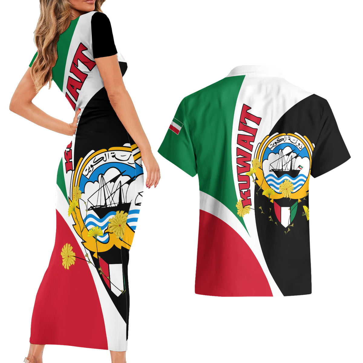 Kuwait National Day Couples Matching Short Sleeve Bodycon Dress and Hawaiian Shirt Kuwayt Coat Of Arms Arfaj Flower - Wonder Print Shop