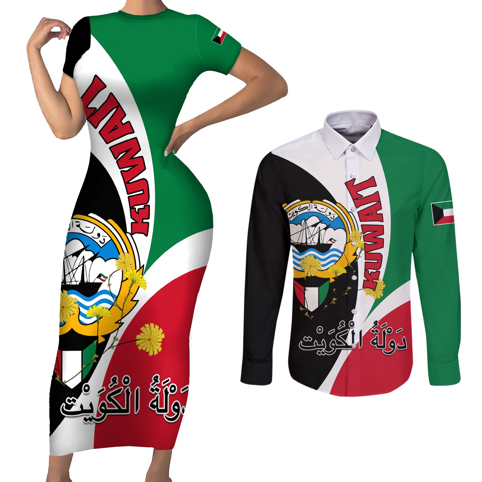 Kuwait National Day Couples Matching Short Sleeve Bodycon Dress and Long Sleeve Button Shirt Kuwayt Coat Of Arms Arfaj Flower - Wonder Print Shop