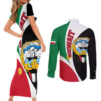 Kuwait National Day Couples Matching Short Sleeve Bodycon Dress and Long Sleeve Button Shirt Kuwayt Coat Of Arms Arfaj Flower - Wonder Print Shop