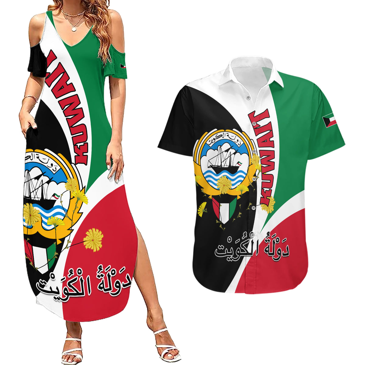 Kuwait National Day Couples Matching Summer Maxi Dress and Hawaiian Shirt Kuwayt Coat Of Arms Arfaj Flower - Wonder Print Shop
