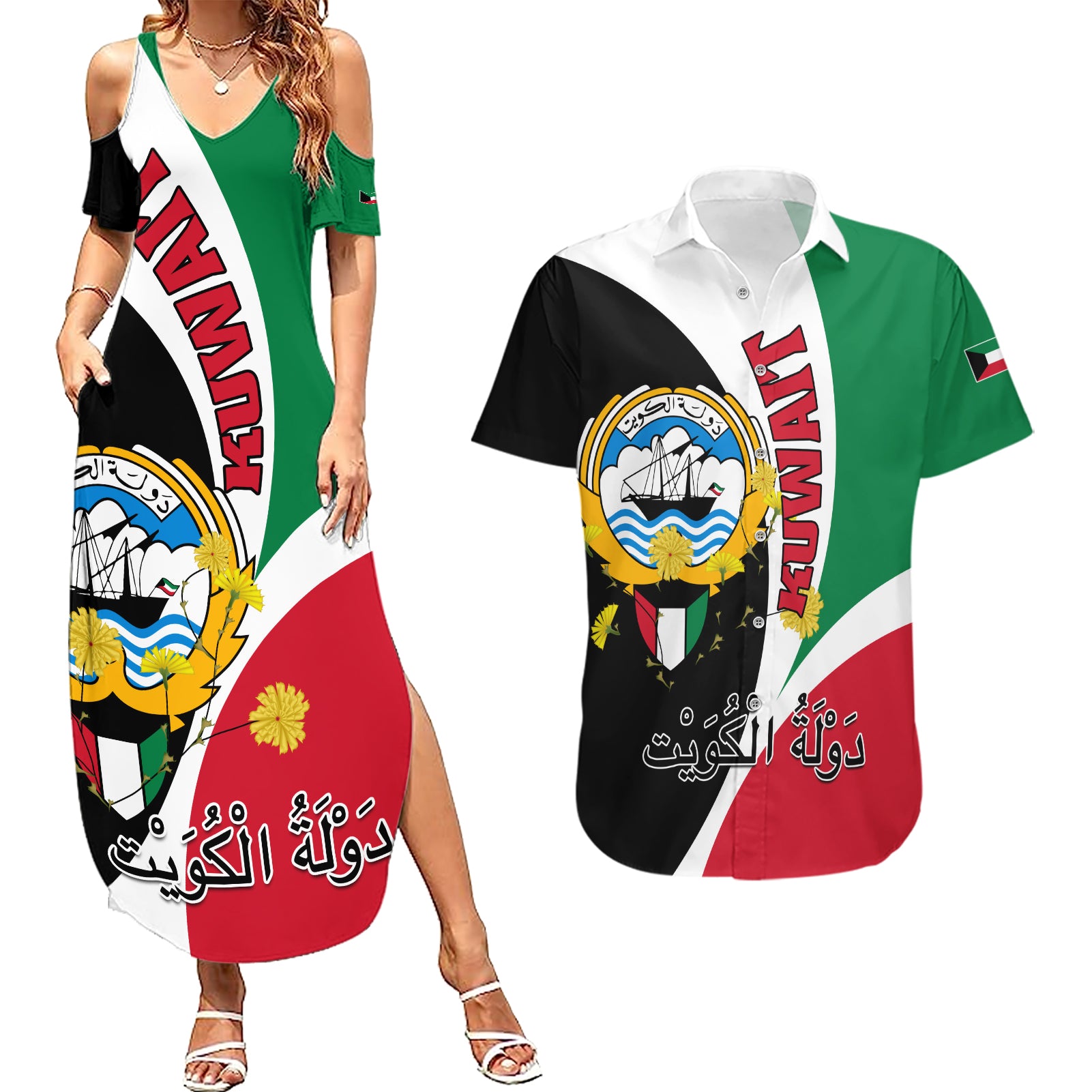 Kuwait National Day Couples Matching Summer Maxi Dress and Hawaiian Shirt Kuwayt Coat Of Arms Arfaj Flower - Wonder Print Shop