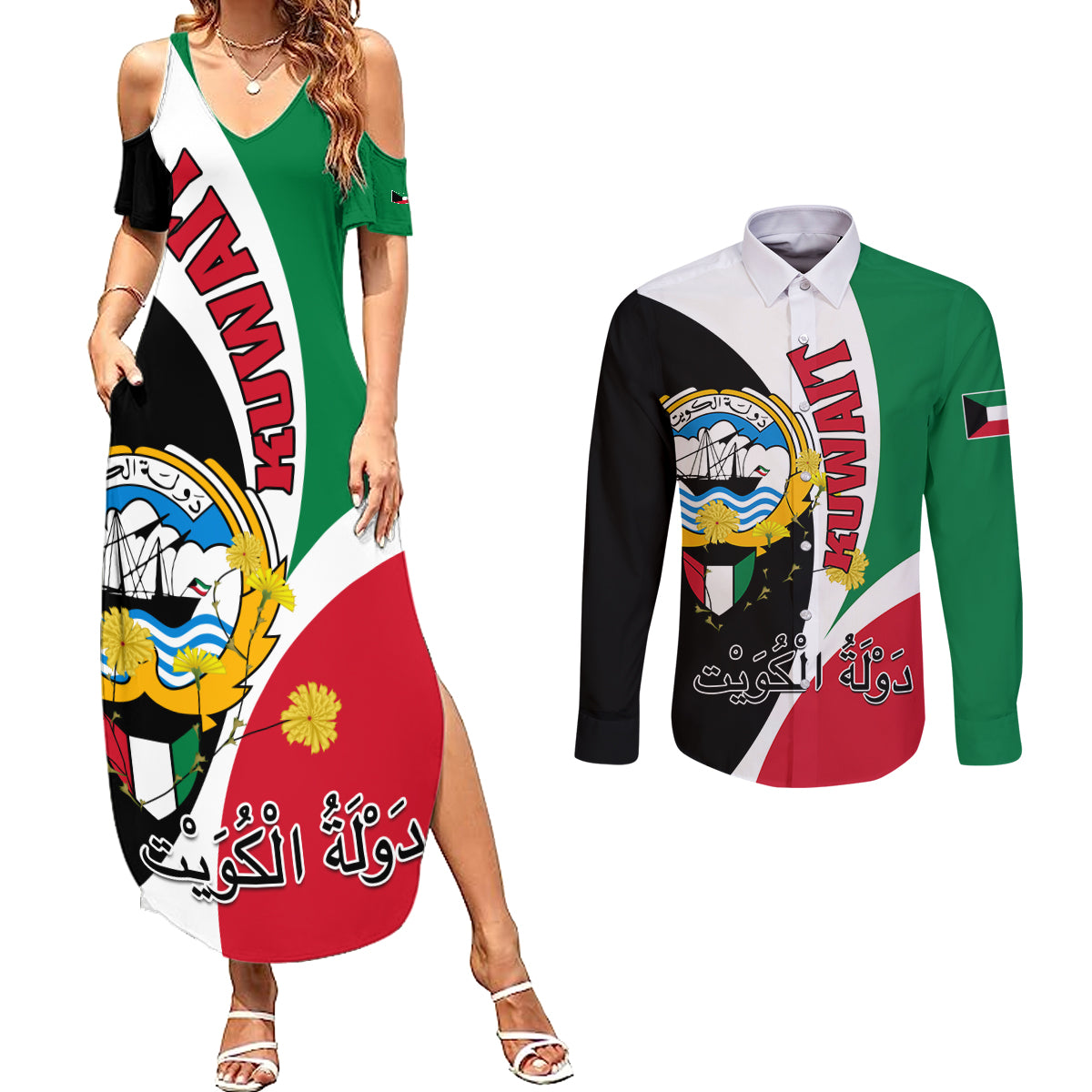 Kuwait National Day Couples Matching Summer Maxi Dress and Long Sleeve Button Shirt Kuwayt Coat Of Arms Arfaj Flower - Wonder Print Shop