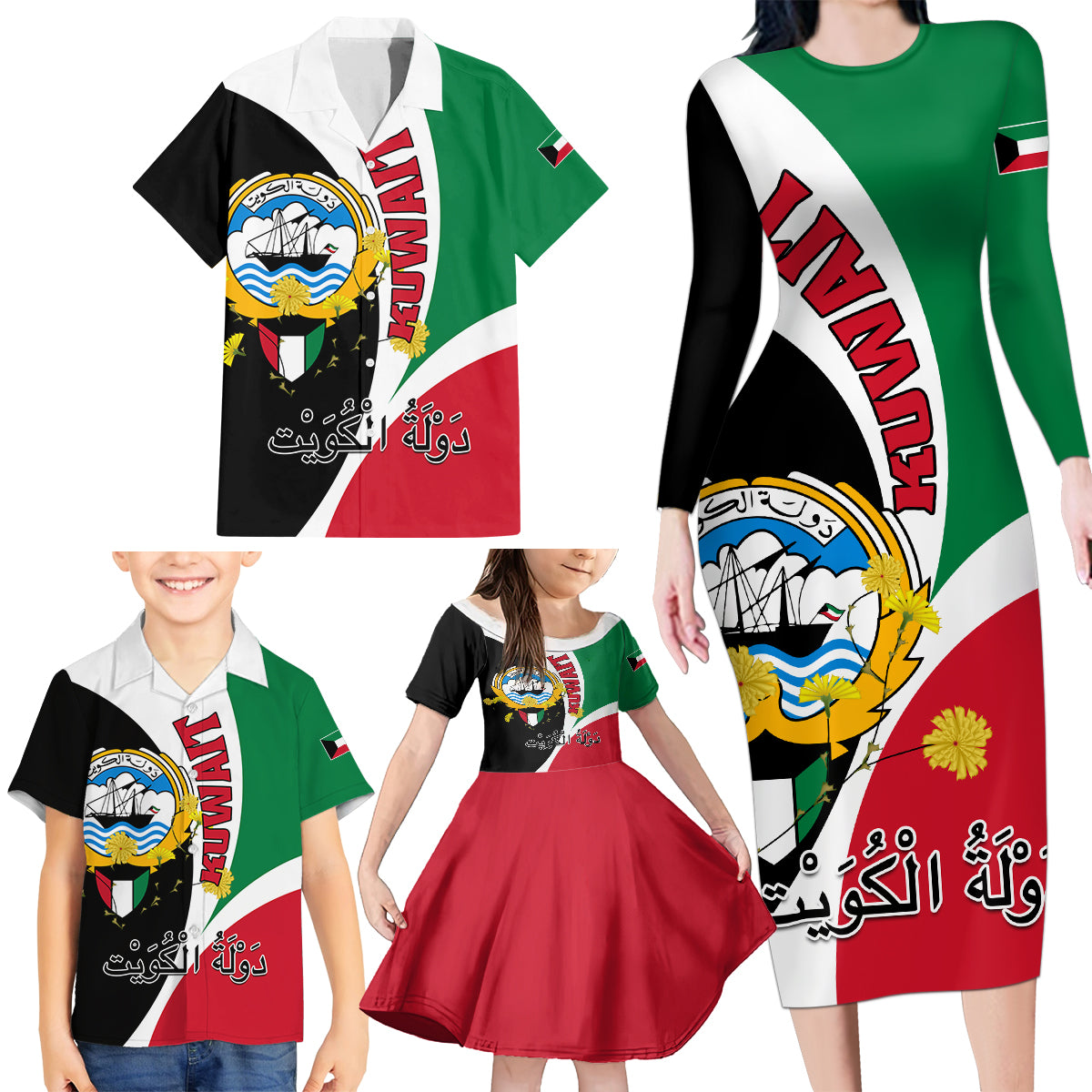 Kuwait National Day Family Matching Long Sleeve Bodycon Dress and Hawaiian Shirt Kuwayt Coat Of Arms Arfaj Flower - Wonder Print Shop