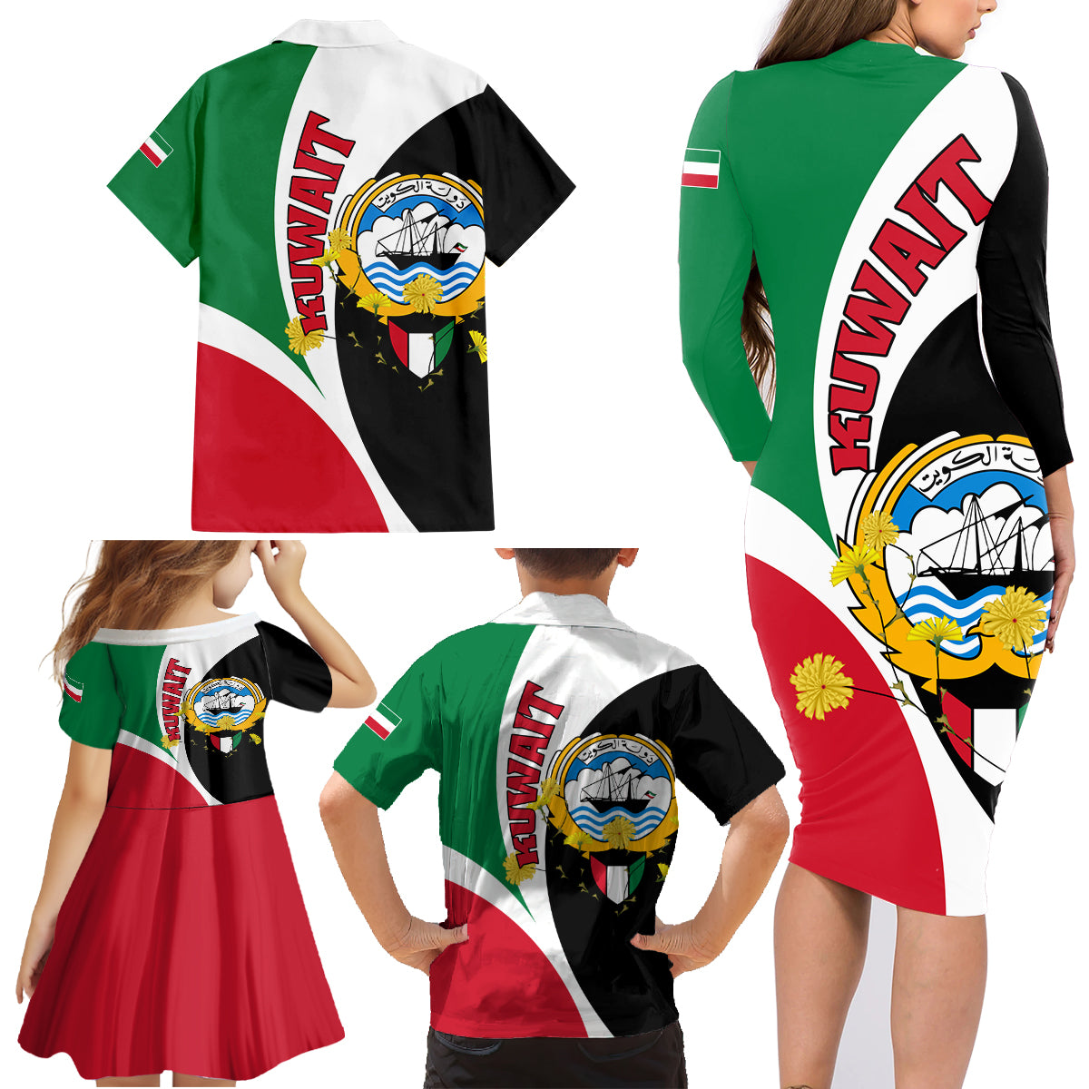 Kuwait National Day Family Matching Long Sleeve Bodycon Dress and Hawaiian Shirt Kuwayt Coat Of Arms Arfaj Flower - Wonder Print Shop