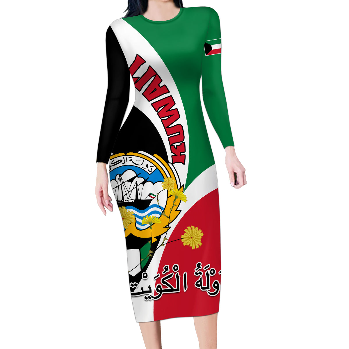Kuwait National Day Family Matching Long Sleeve Bodycon Dress and Hawaiian Shirt Kuwayt Coat Of Arms Arfaj Flower - Wonder Print Shop