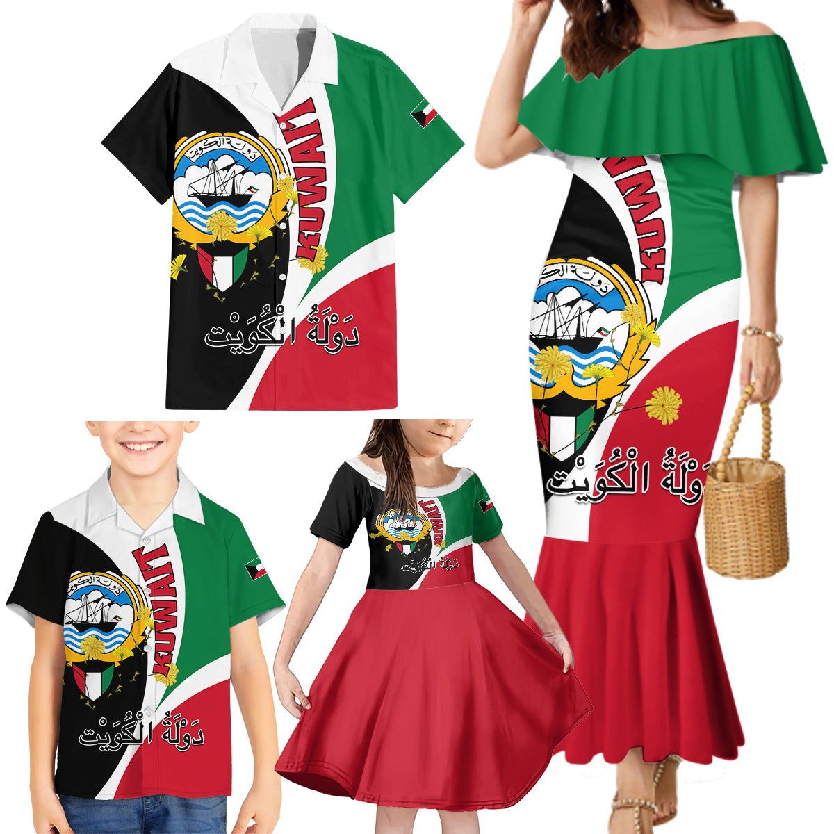 Kuwait National Day Family Matching Mermaid Dress and Hawaiian Shirt Kuwayt Coat Of Arms Arfaj Flower - Wonder Print Shop
