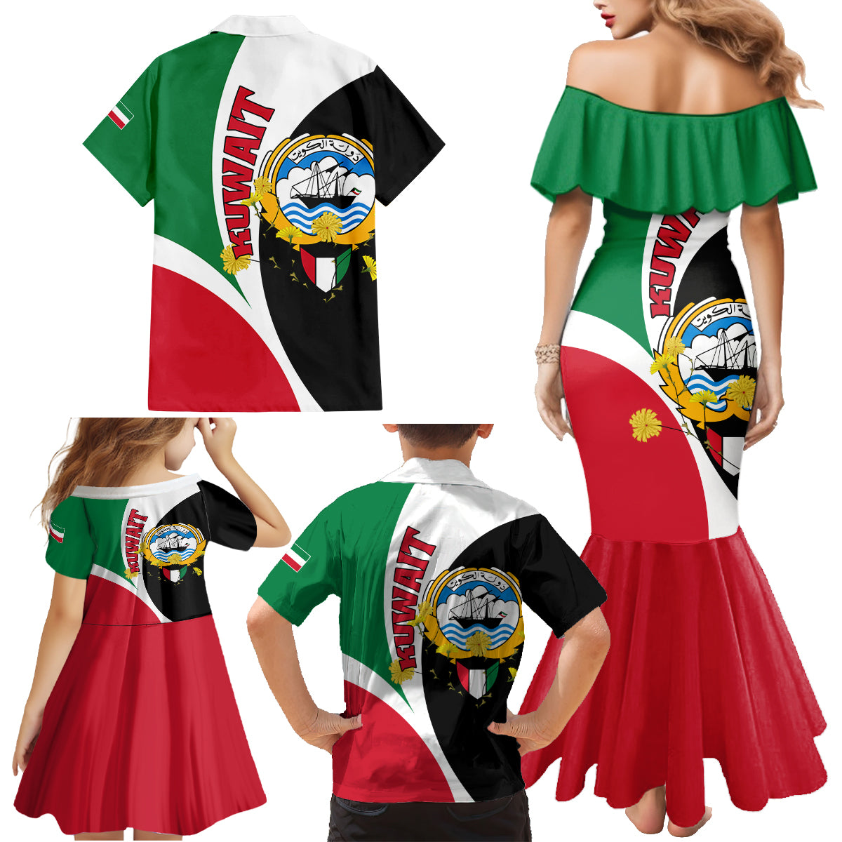 Kuwait National Day Family Matching Mermaid Dress and Hawaiian Shirt Kuwayt Coat Of Arms Arfaj Flower - Wonder Print Shop